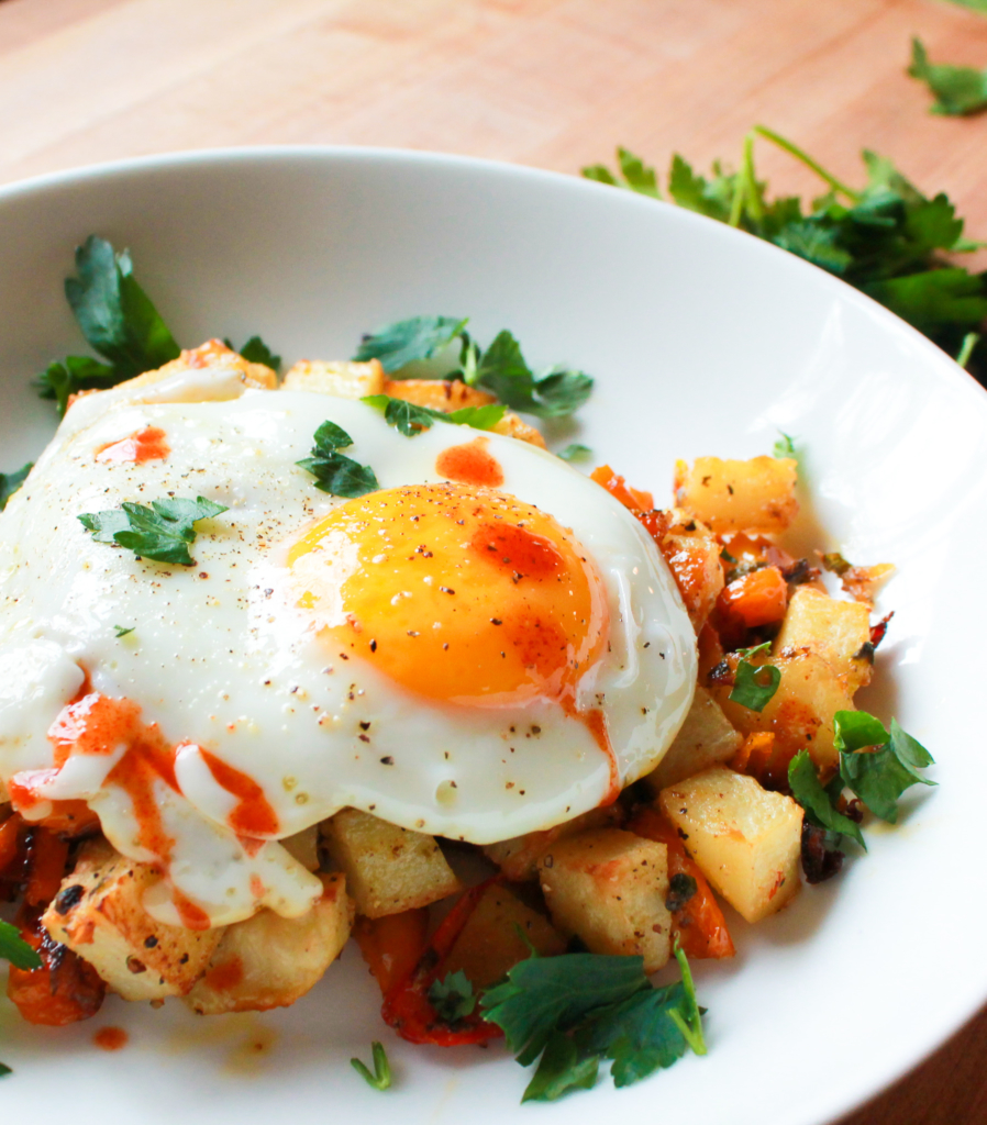 baked eggs in potato bowls